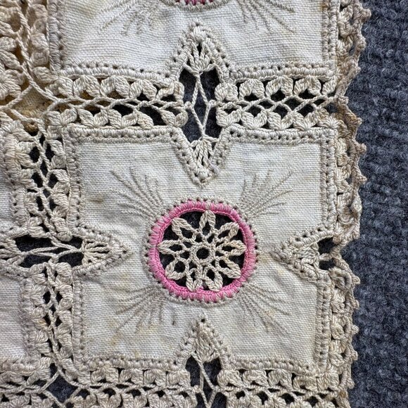 VTG Hand-Crocheted Lace‎ Table Runner With Pink Floral Accents 12" X 40" Boho - Picture 10 of 12